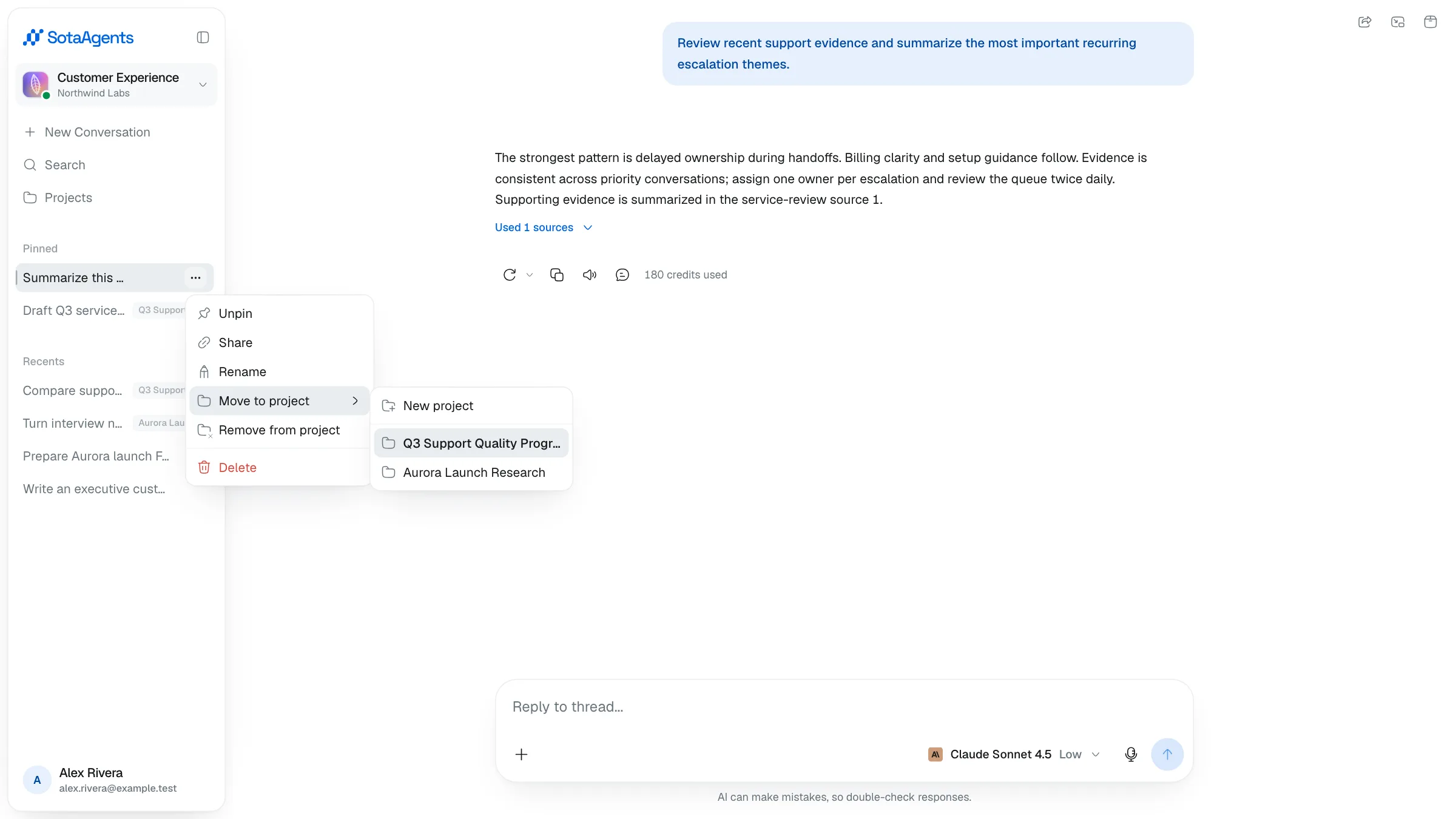 The three-dot menu on a sidebar conversation, with the Add to project submenu open listing the available projects
