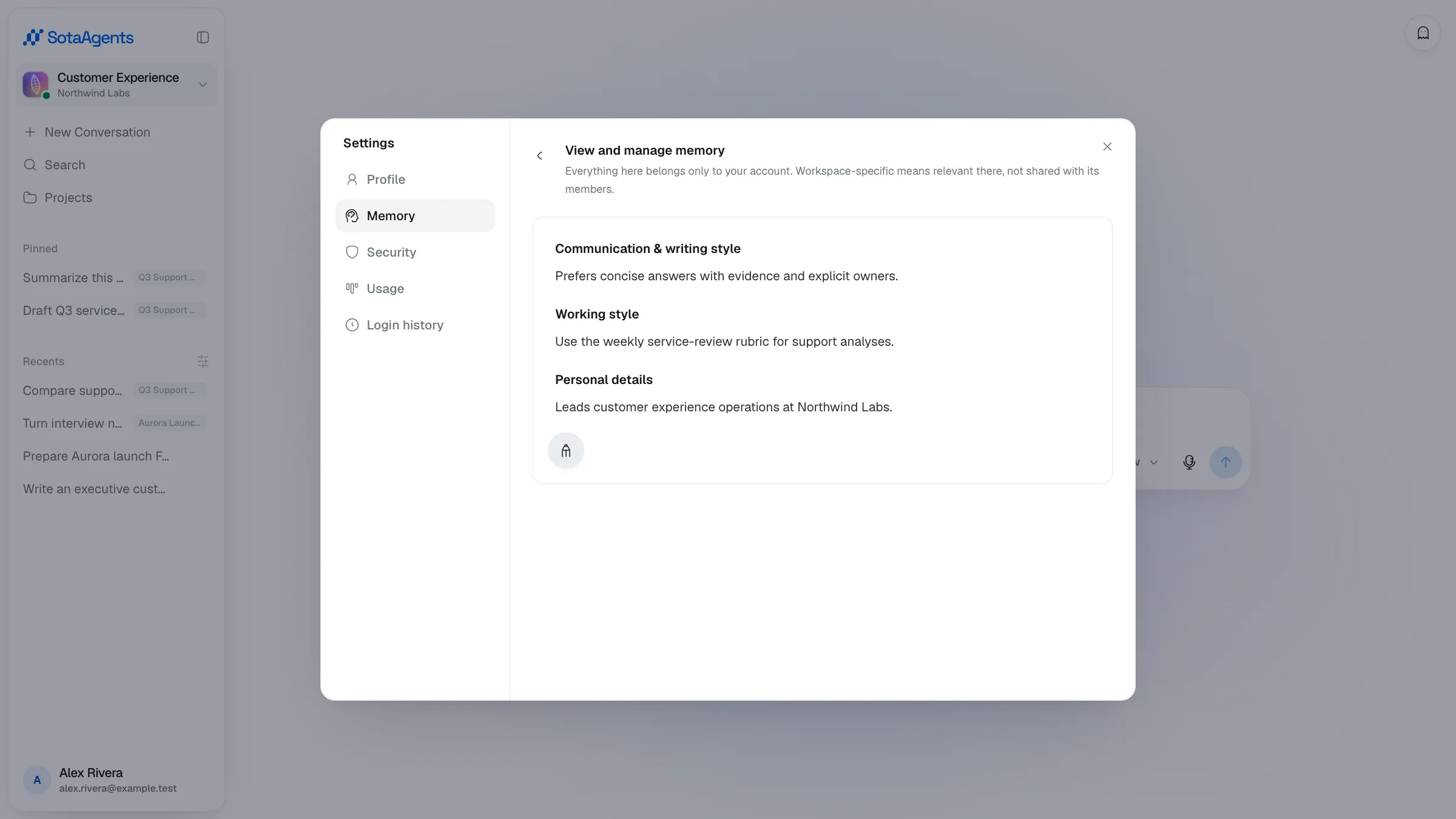 The private Personal Memory manager listing saved communication, personal-detail, and working-style items with edit and forget controls