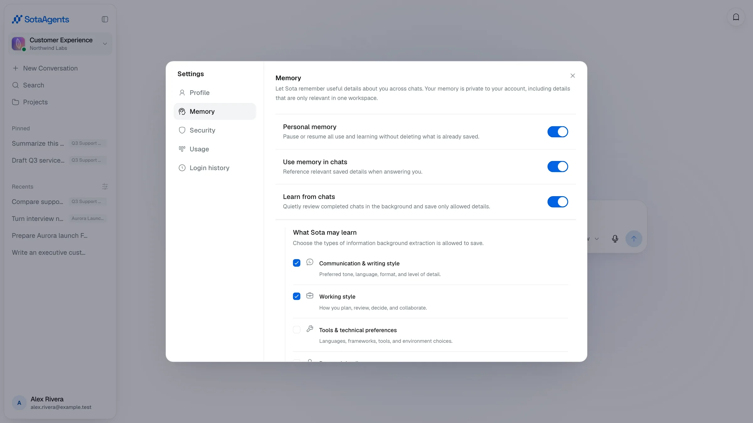 Personal Memory settings with separate recall and learning controls, category policies, and manage, activity, import, and export actions