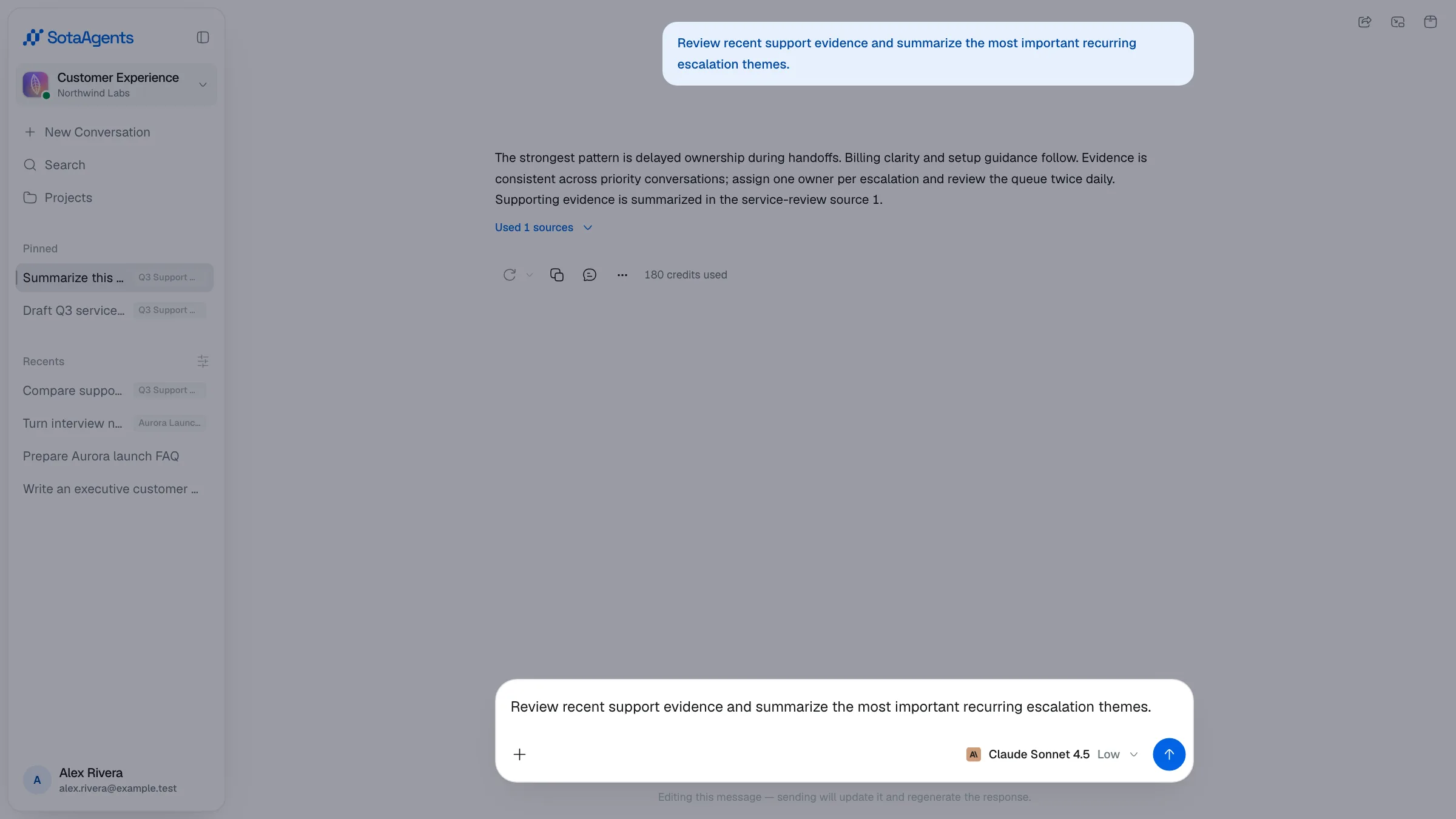 A historical message being edited in the composer while a dark overlay covers the conversation