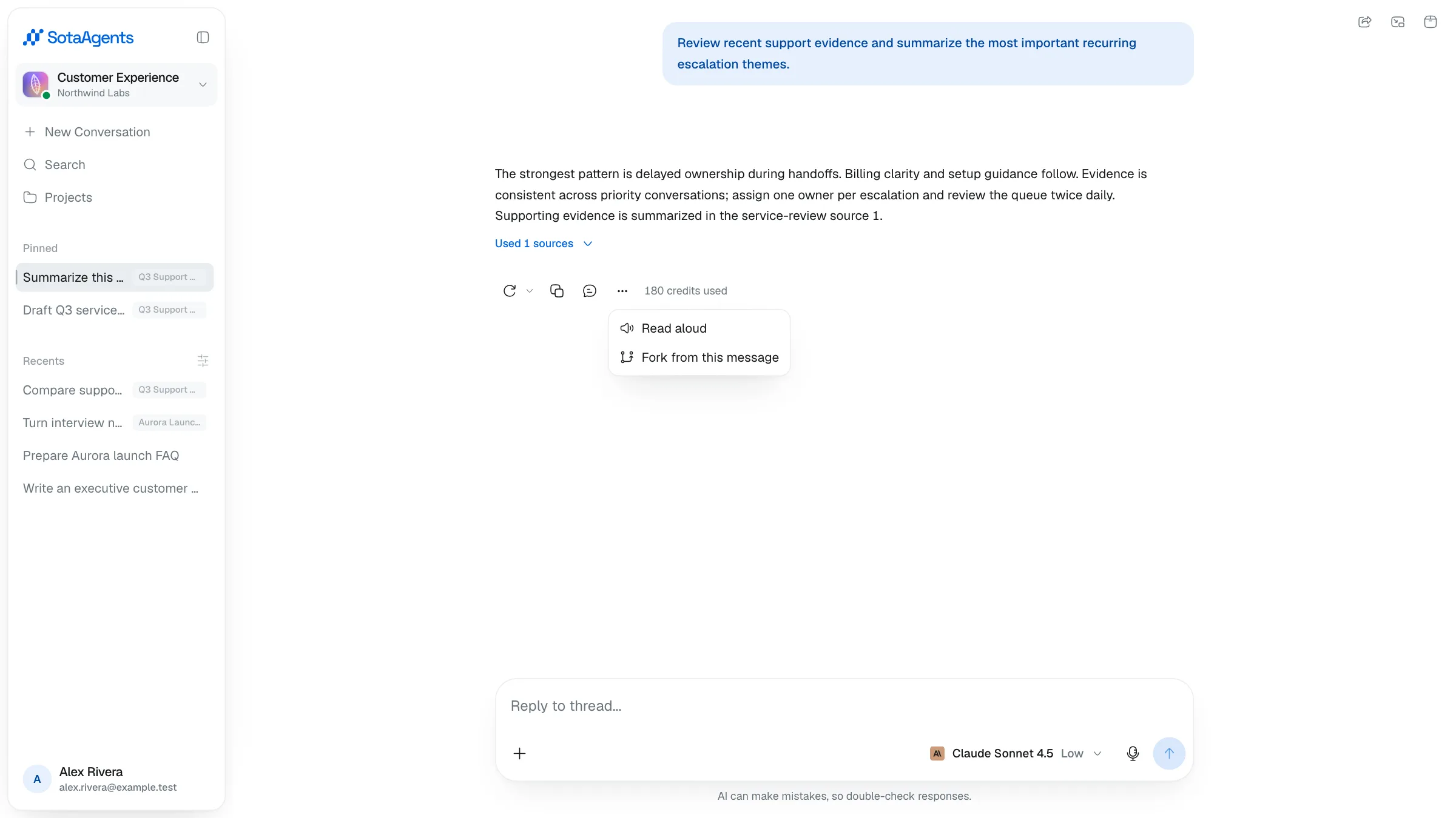 An assistant message More menu showing Read aloud and Fork from this message