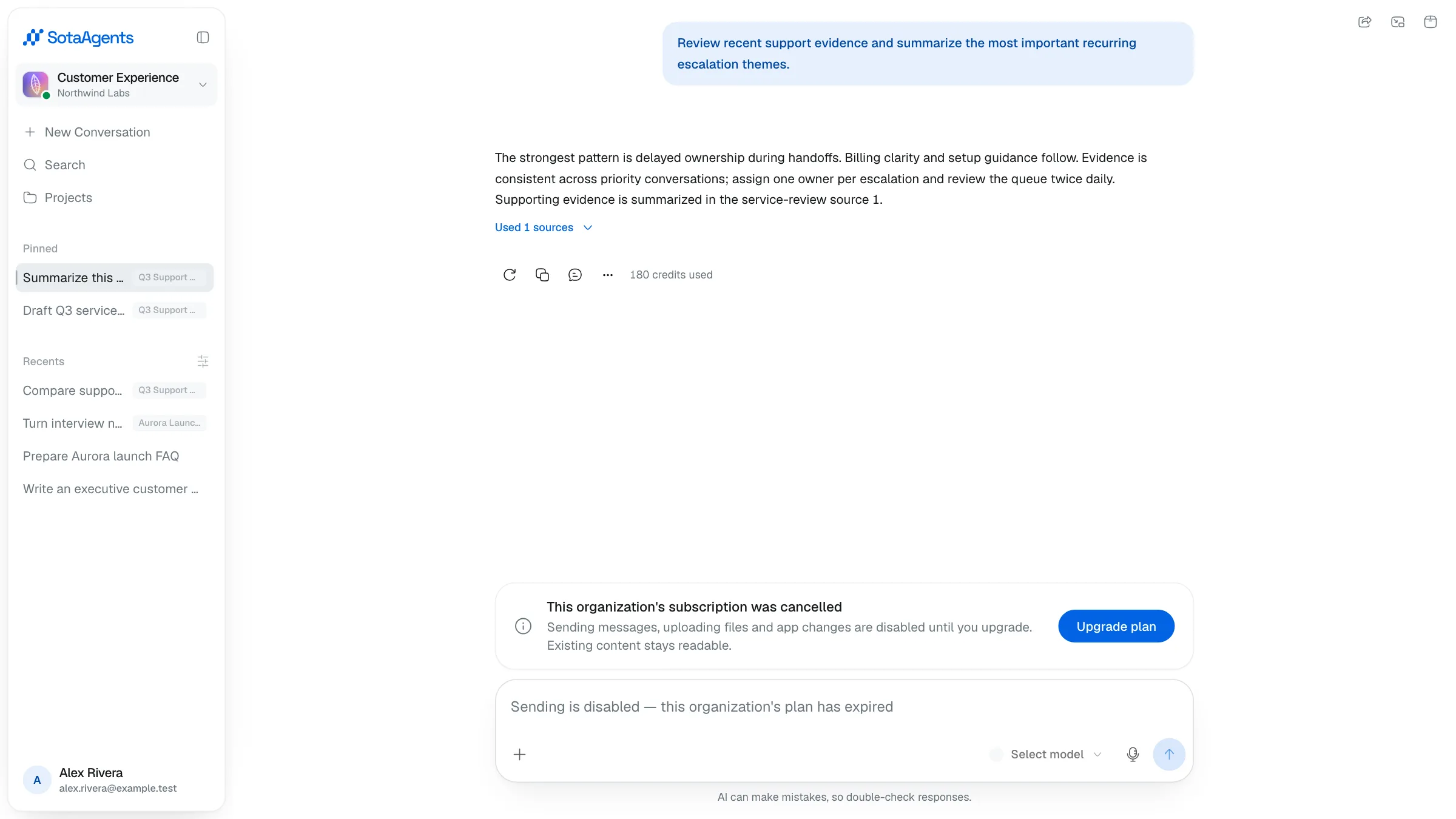 The composer showing an organization subscription cancelled notice and disabled sending