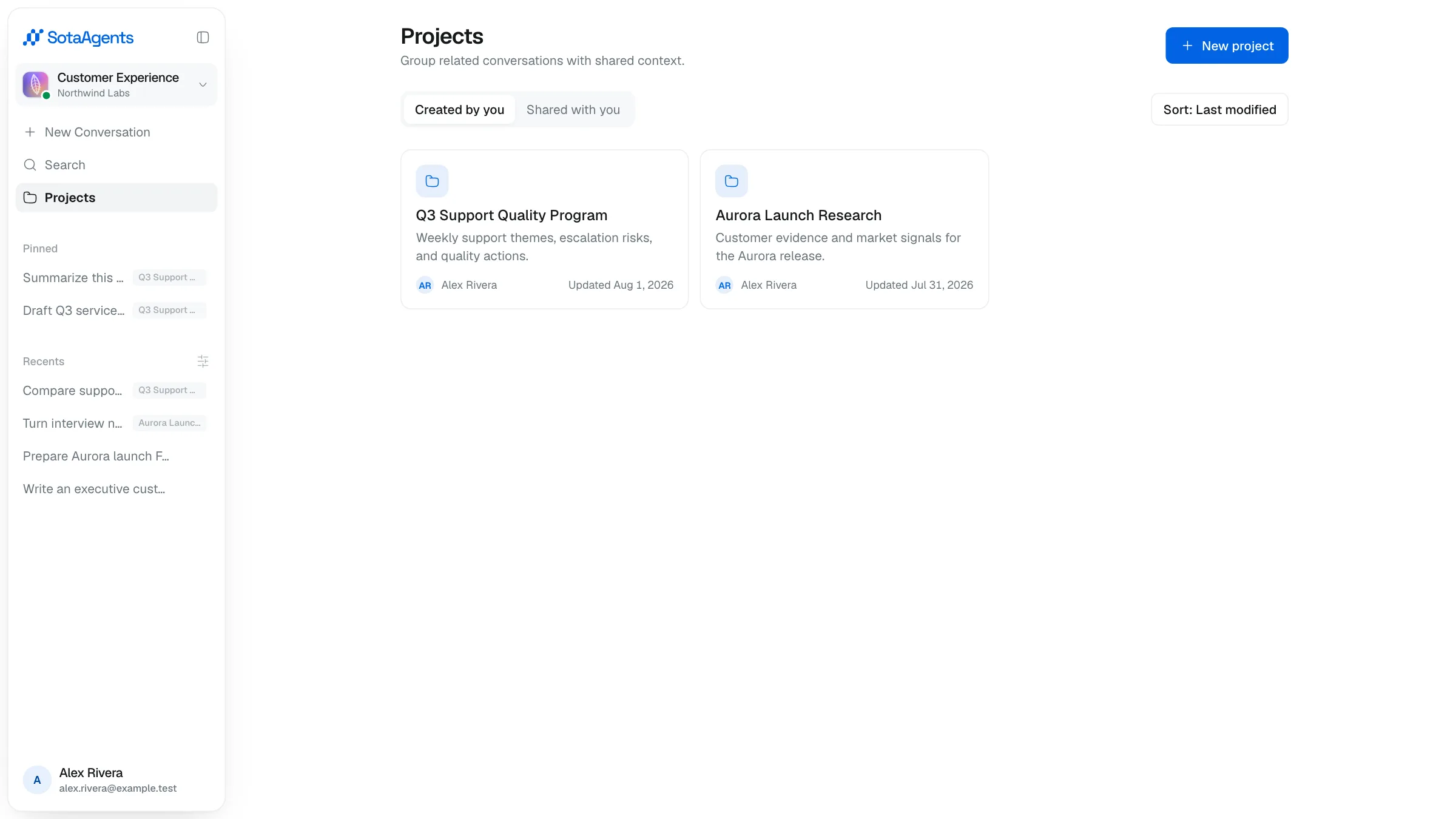 The Projects screen listing two projects, with tabs for projects created by you and shared with you