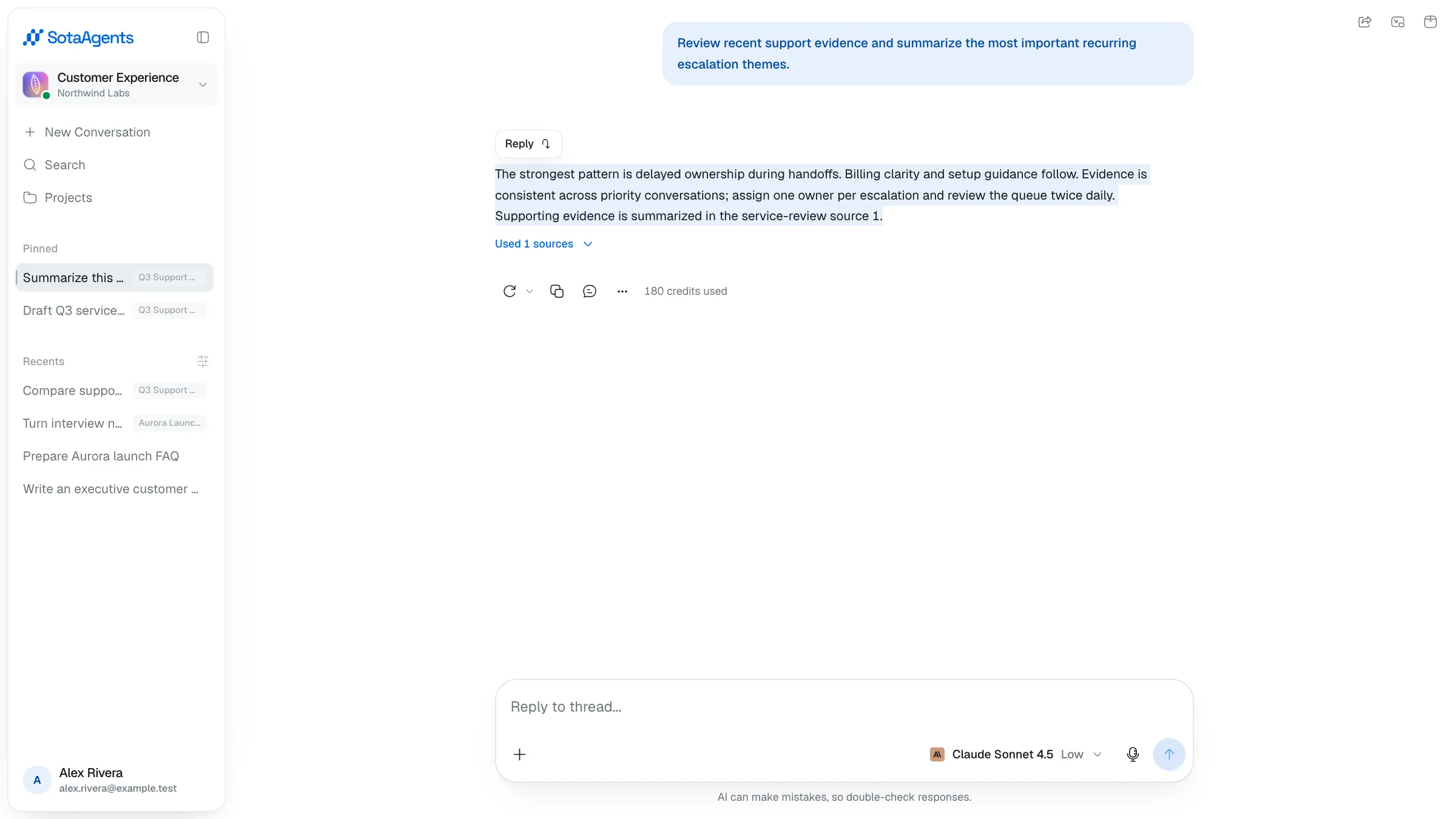Selected text in an assistant reply with the Reply action ready to attach the excerpt to the composer