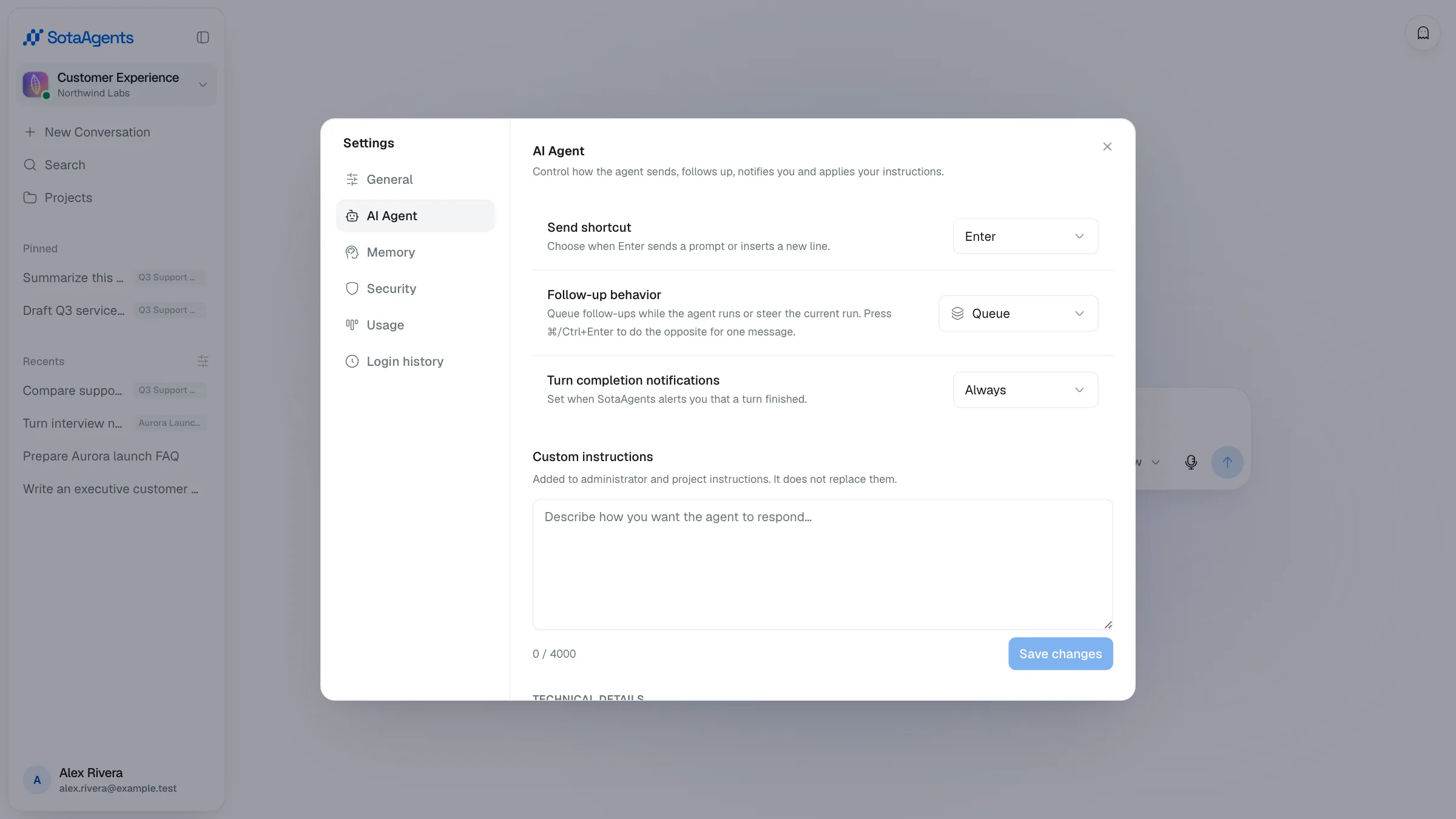 The AI Agent settings tab showing send shortcut, follow-up behavior, notifications, and custom instructions