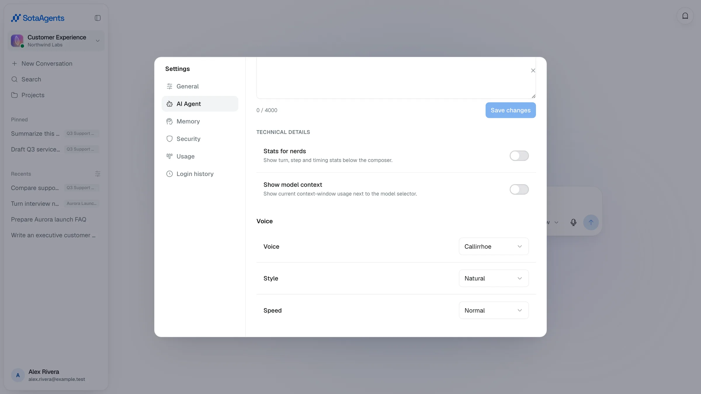 The AI Agent Voice settings showing voice, style, and speed controls below technical details