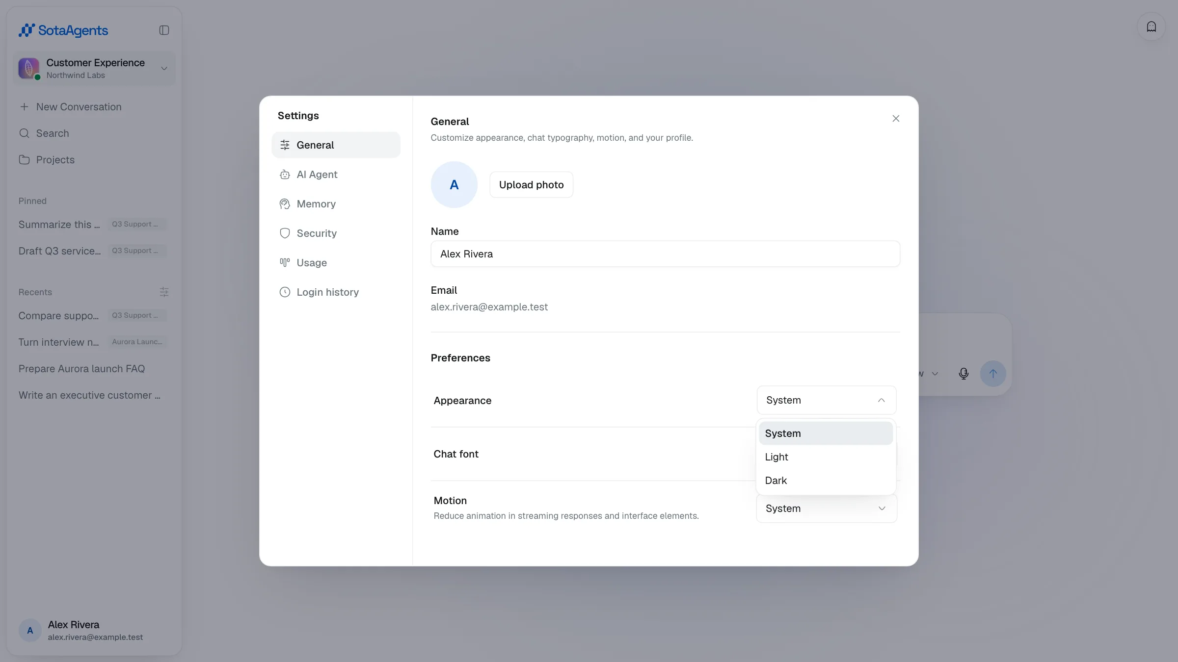 Account Settings on the General tab with the Appearance menu open for System, Light, and Dark