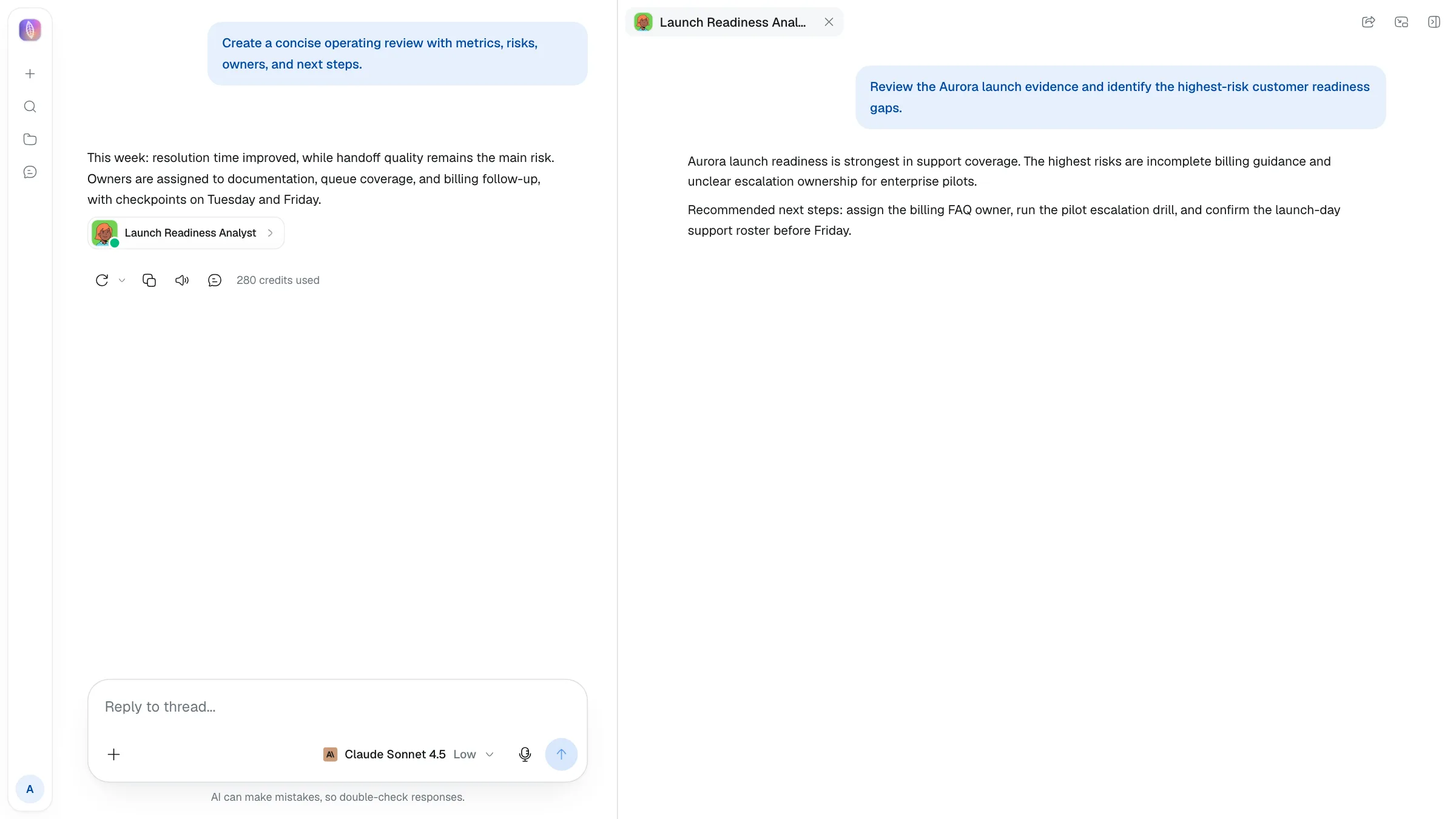 A chat with the Launch Readiness Analyst subagent chip opened into its durable transcript in the artifacts panel