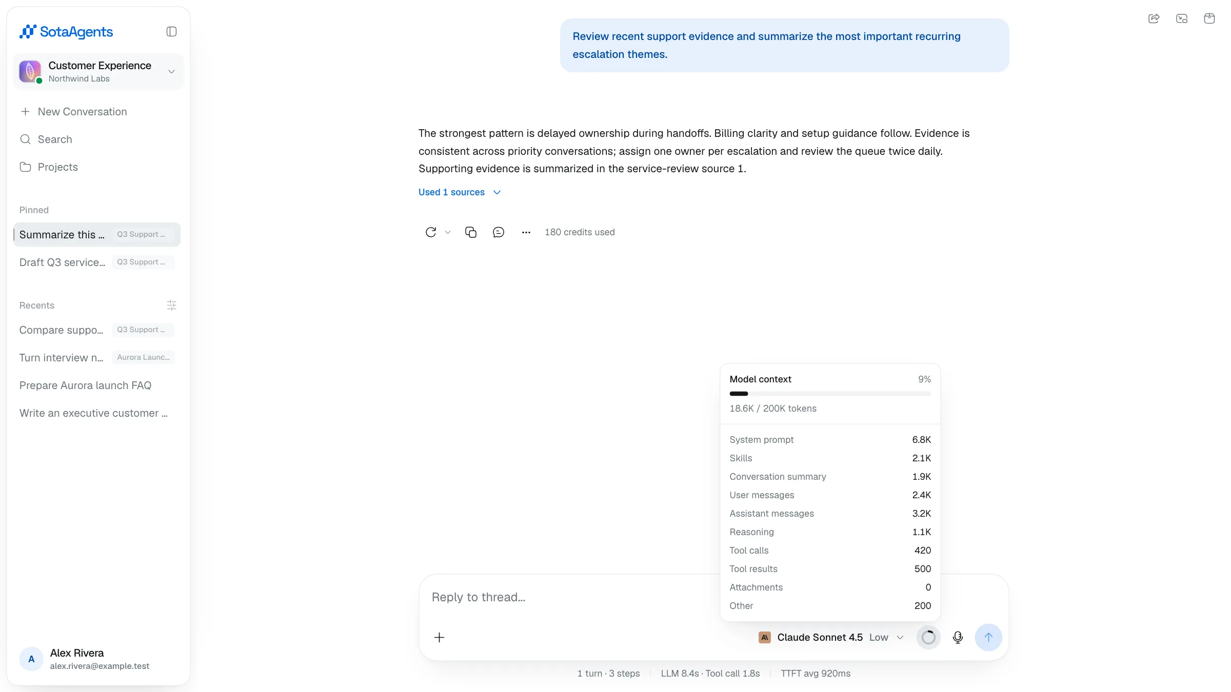 A chat composer showing per-turn timing statistics and an open model-context usage breakdown