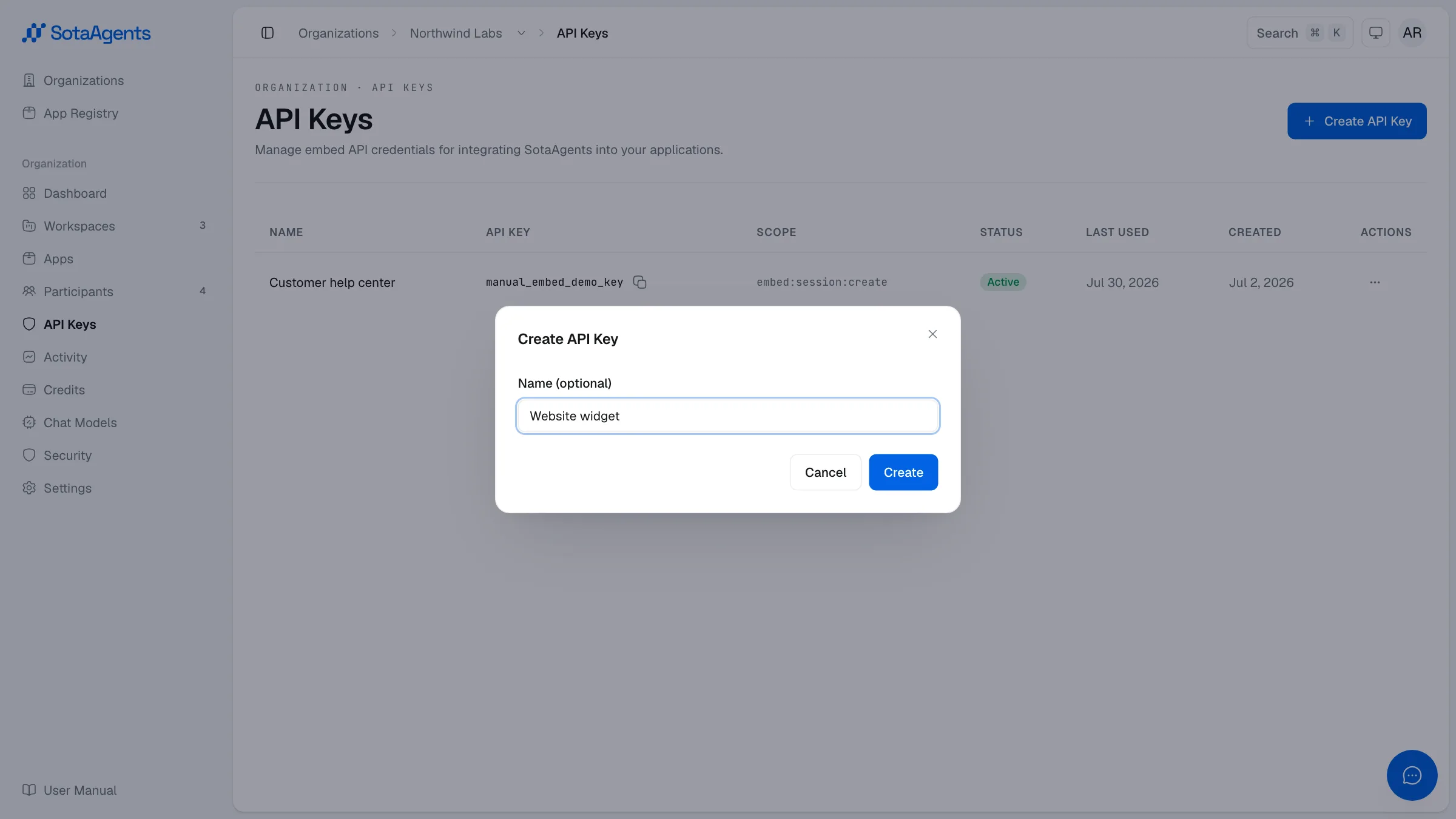 The Create API Key dialog with a name entered