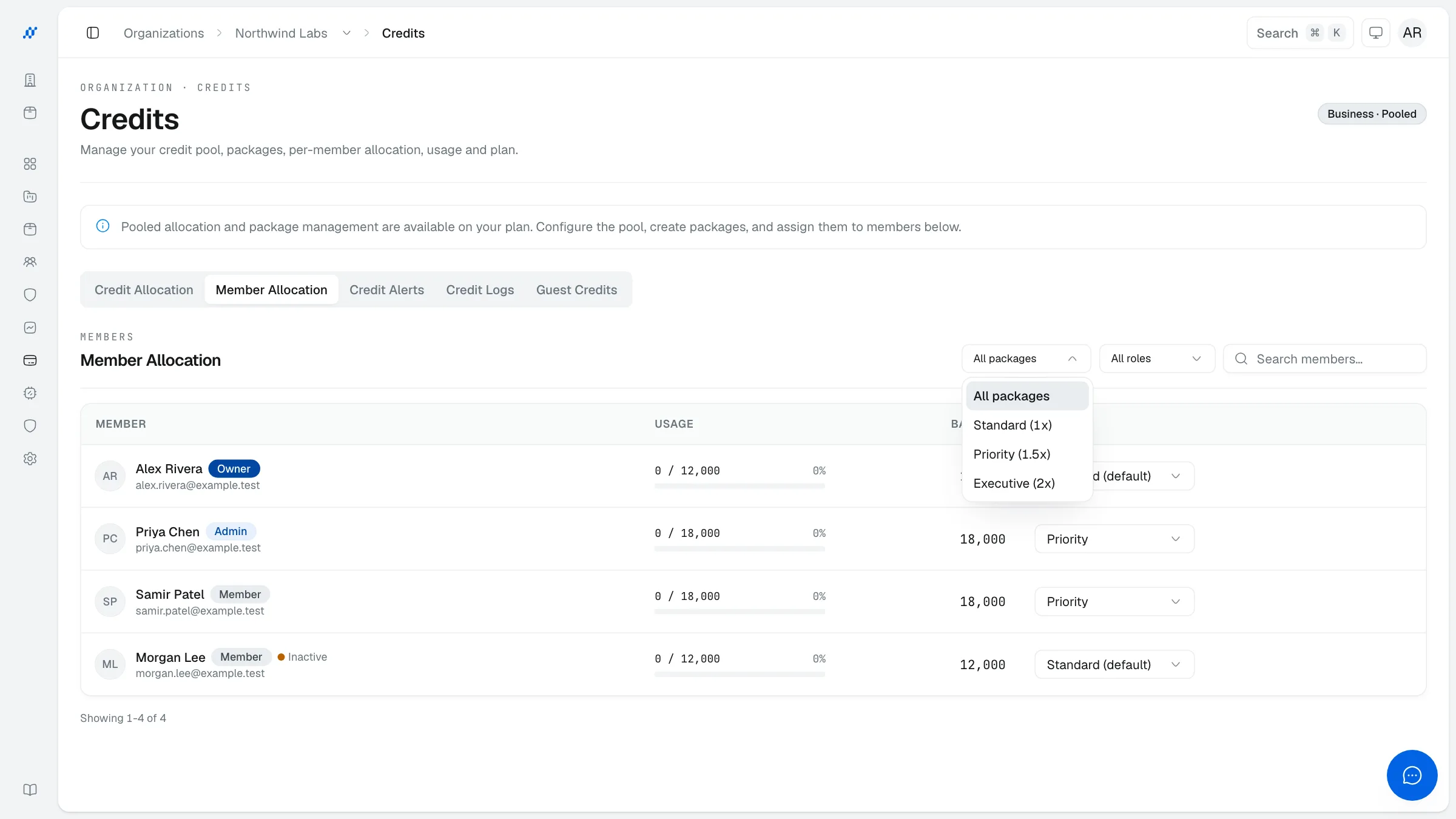 Member Allocation with the credit-package filter open above the member table