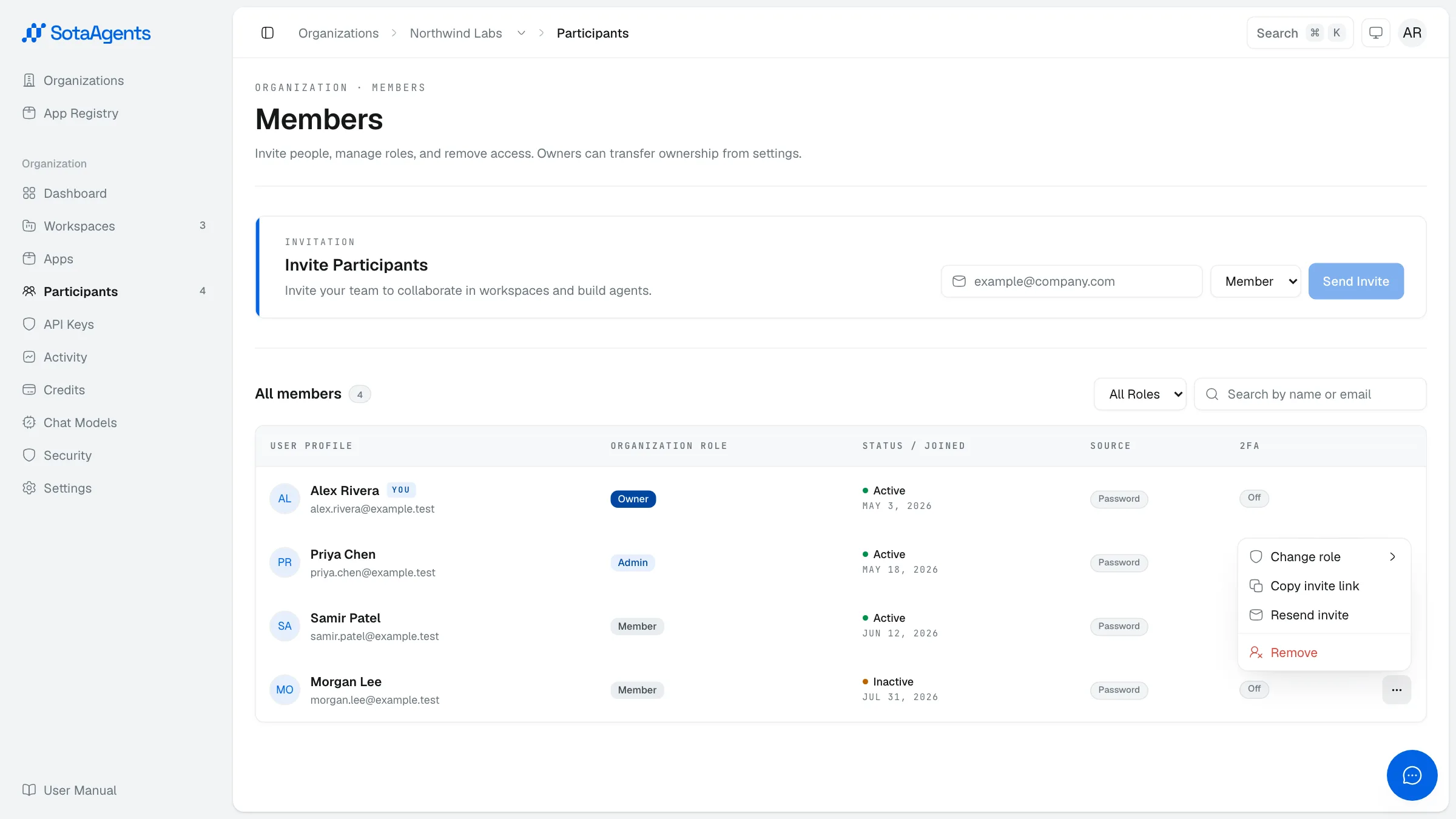 The Participants table with the inactive invitee action menu open, showing Copy invite link, Resend invite, and Remove
