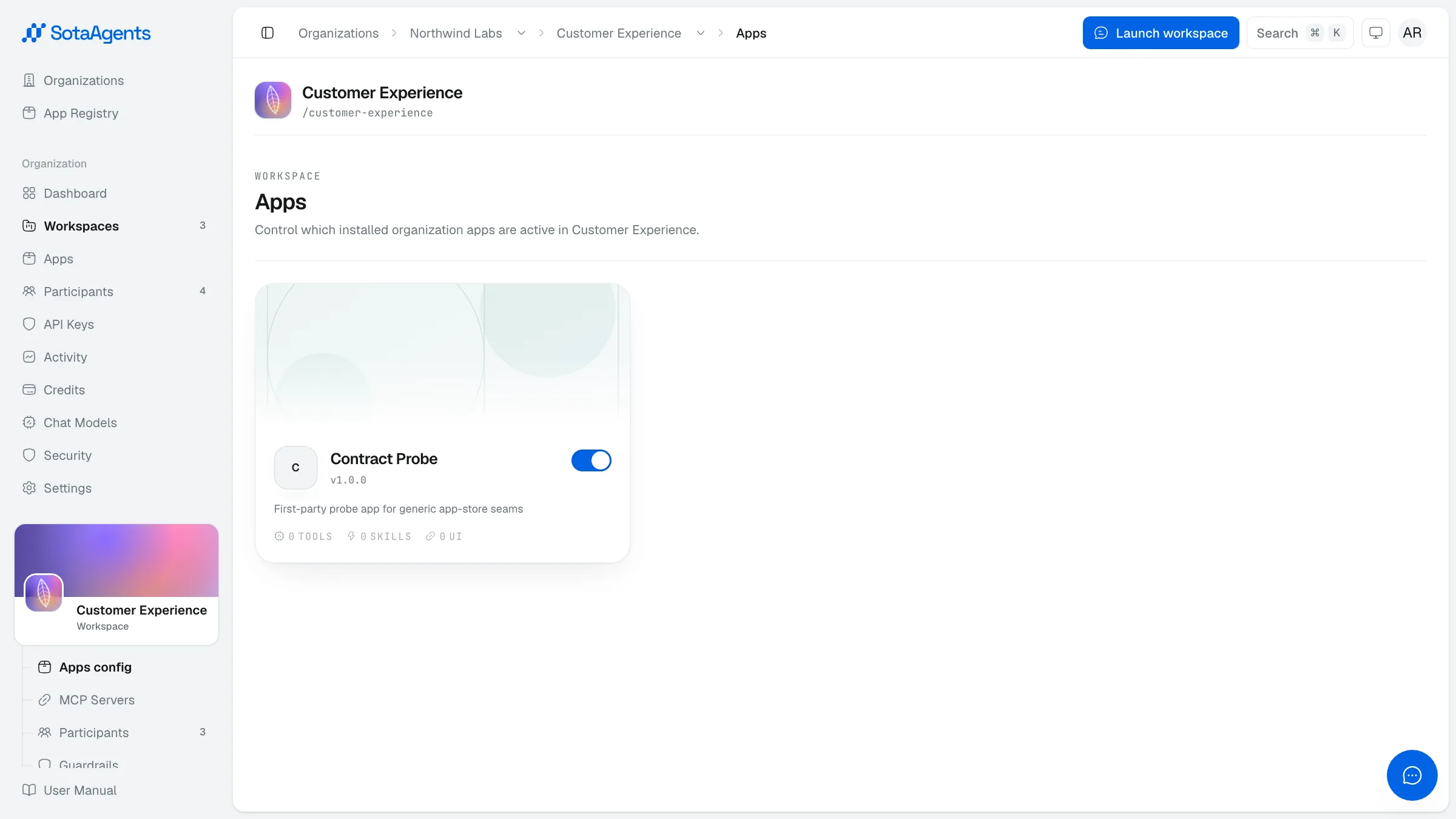 The workspace Apps config tab showing the organization-installed demo app and its workspace access control
