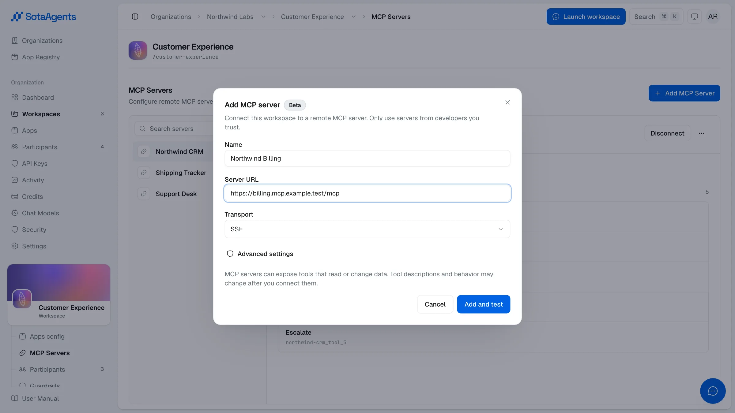 The add-MCP-server dialog with a name, server URL, transport selector and, under Advanced, the authentication method and a prompt hint