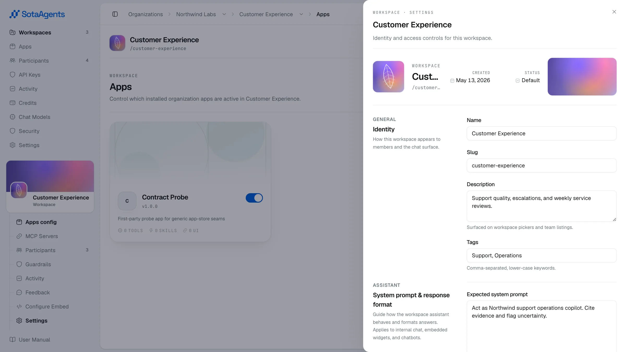 The workspace settings drawer with identity, slug, description, tags, the assistant system prompt and response format